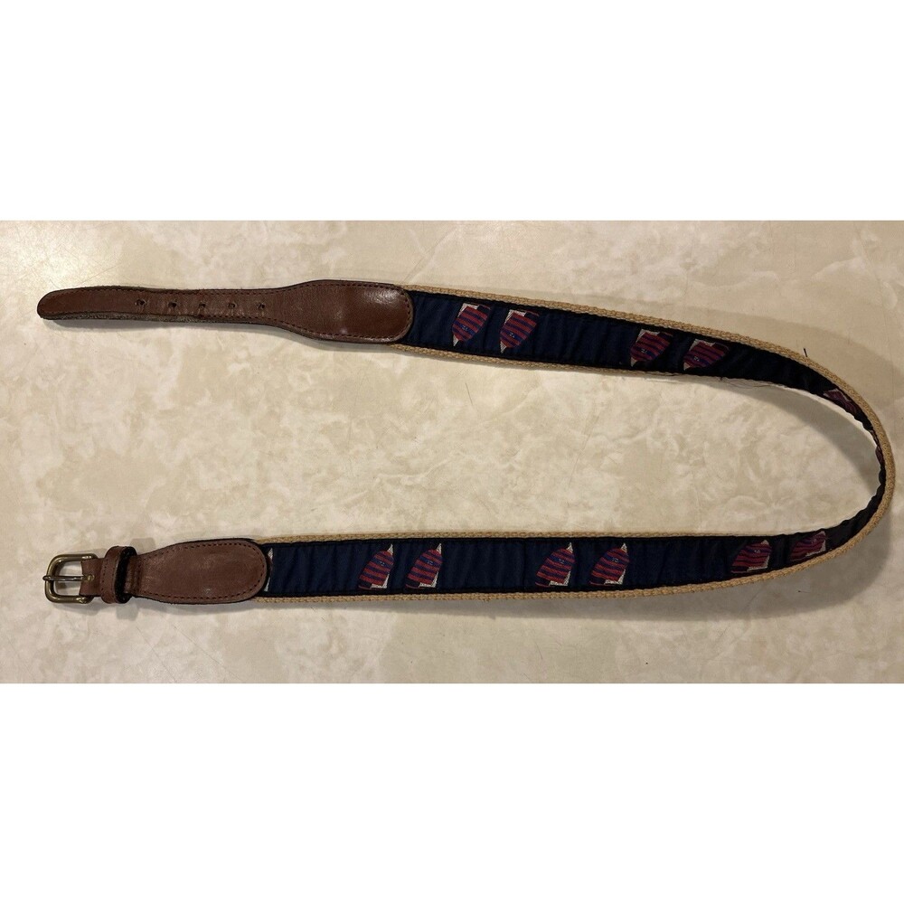 Embroidered Belt Sailboat Pattern Canvas Leather Brass Buckle Preppy Golf 28 - Picture 2 of 8